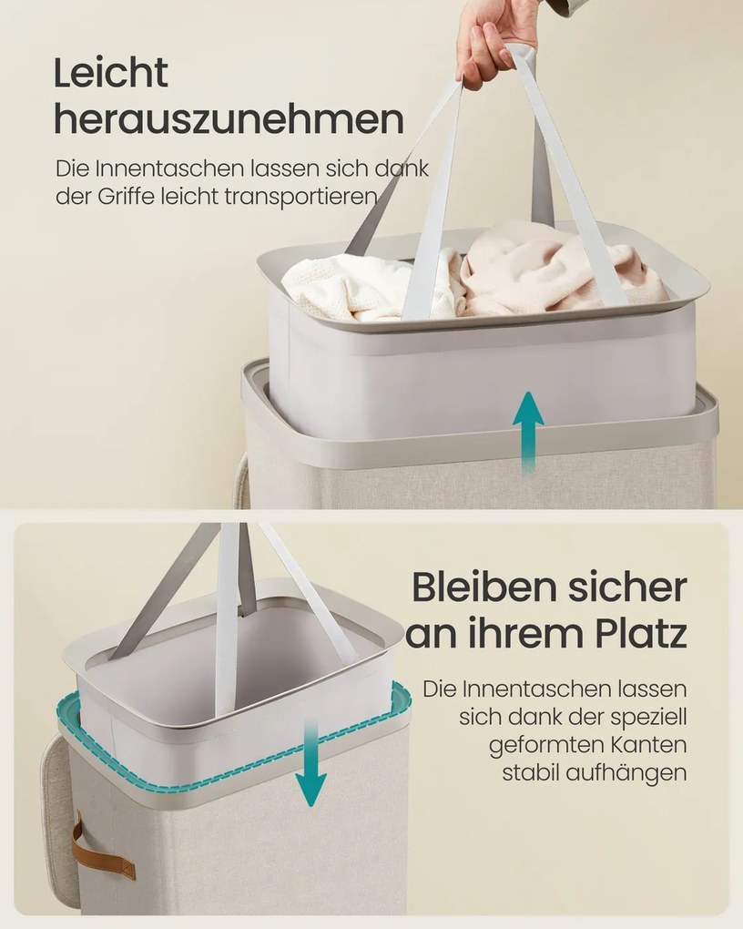 Cesto de roupa 42 x 32 x 75 cm suja prático com compartimentos e tampa bege cappuccino