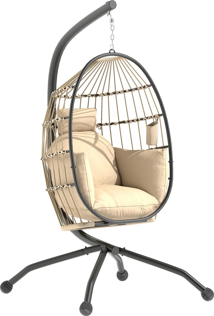 Outsunny Cadeira Suspensa com Suporte Cesta Dobrável Almofada e Encosto para Cabeça Interior e Exterior 120 kg Caqui | Aosom Portugal