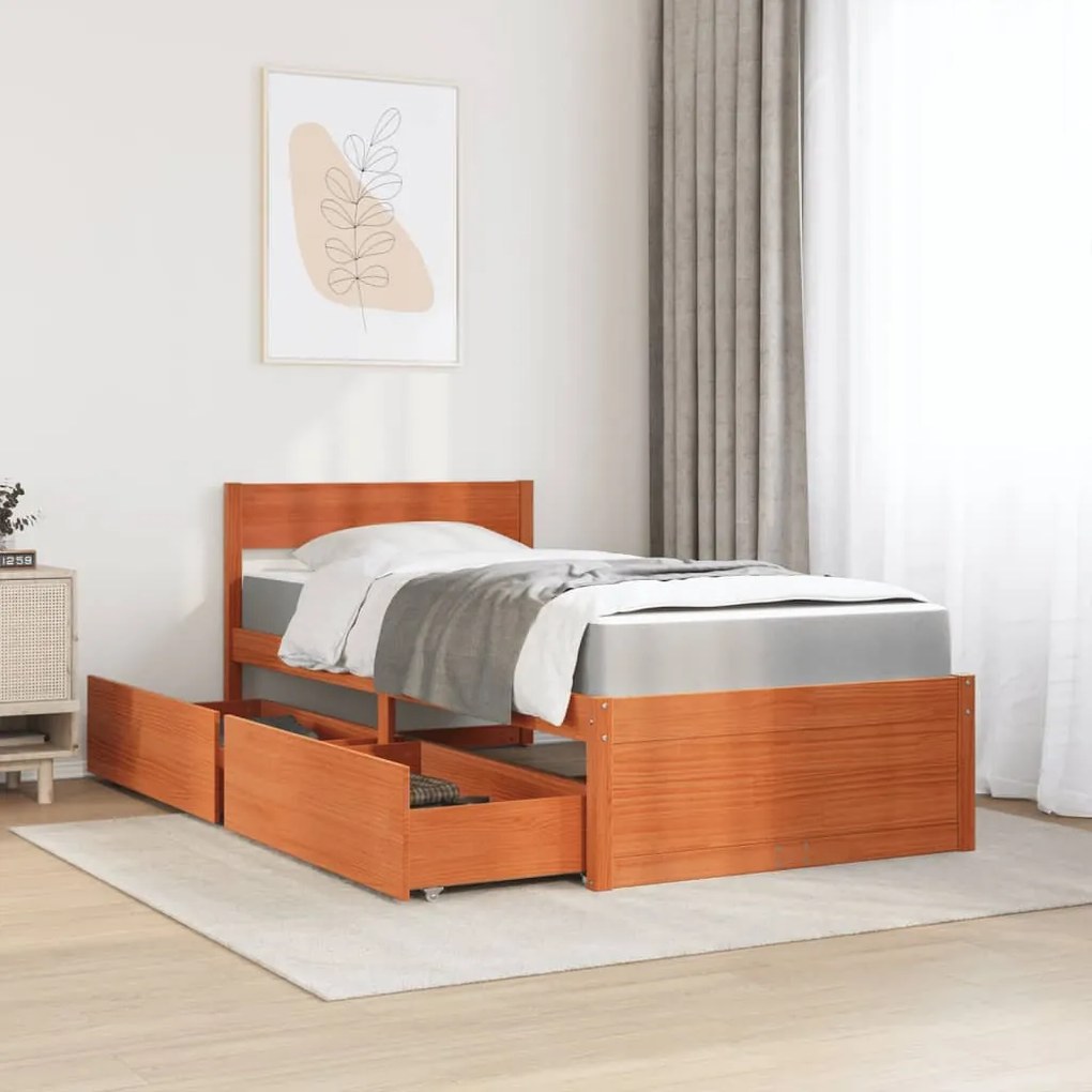 Cama com gavetas e colchão 100x200 cm pinho maciço castanho-mel