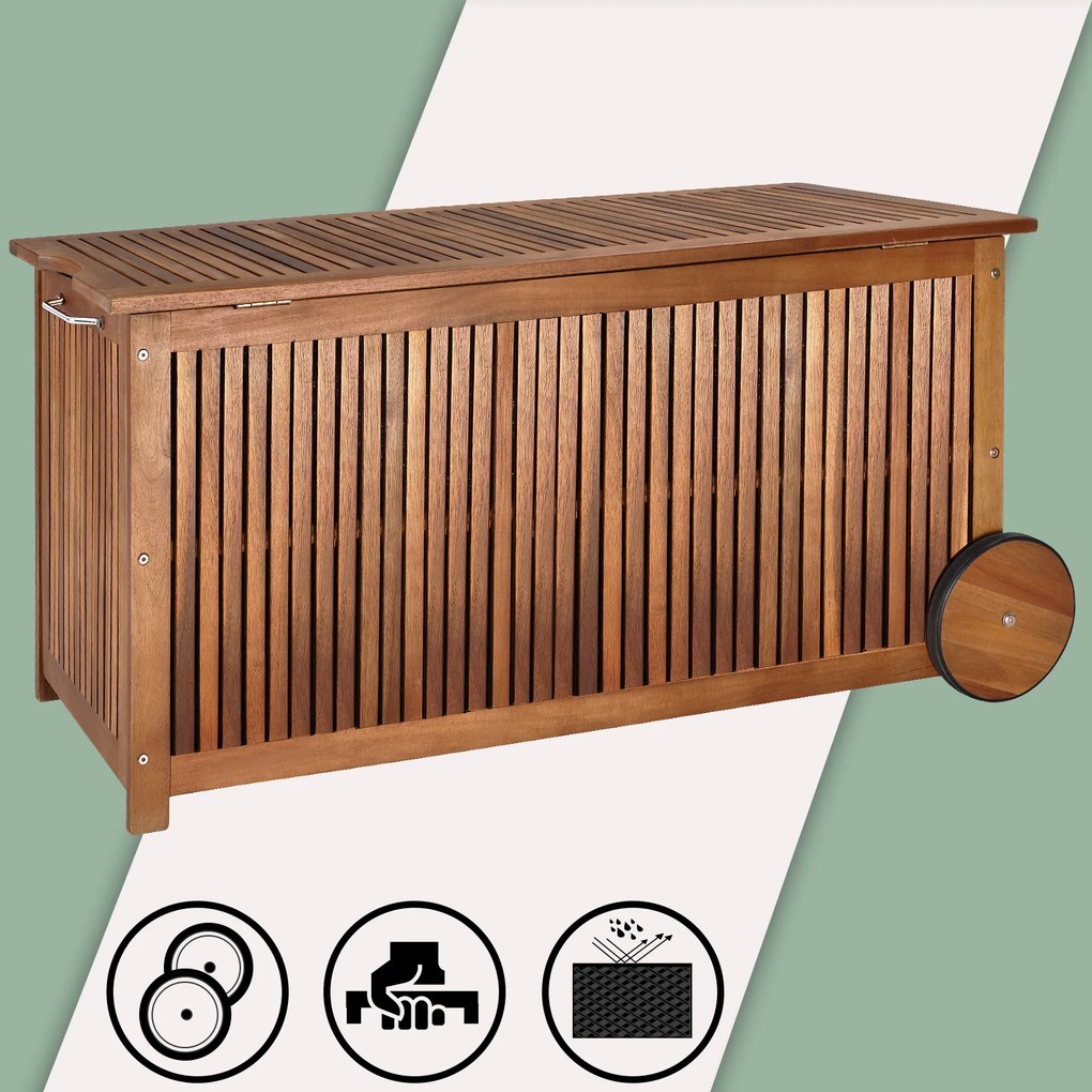 Caixa de armazenamento com rodas para guardar almofadas em madeira de acácia 120 x 55 x 60 cm Castanho