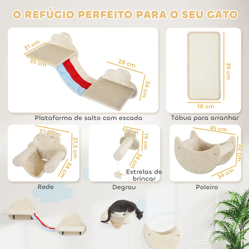 Conjunto de Prateleiras de Escalada para Gatos de 6 Peças com Rede Plataformas Escadas Tábua de Arranhar e Poste de Sisal Bege