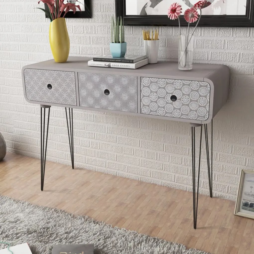 vidaXL Mesa consola com 3 gavetas, cinzento