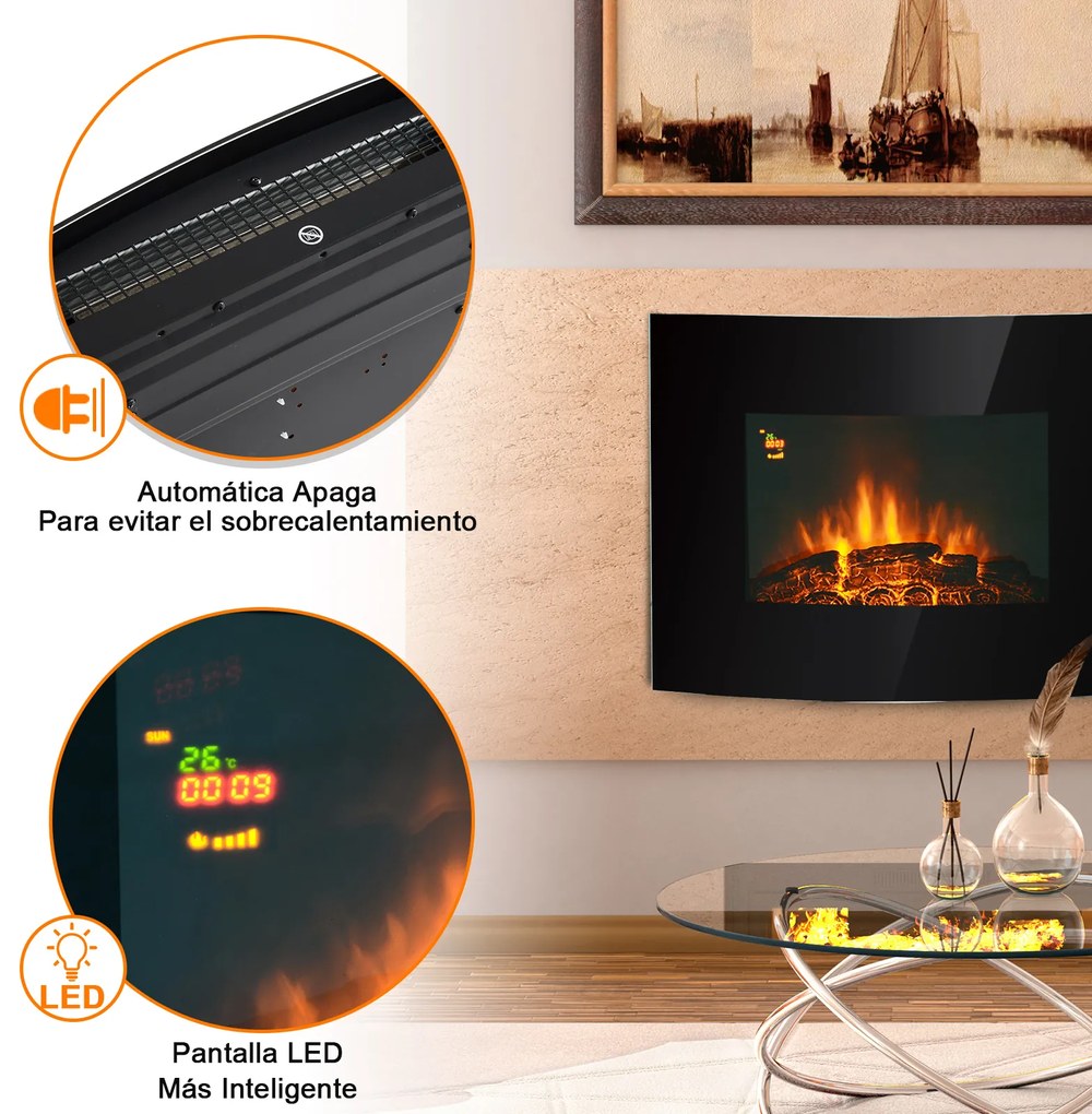 HomCom® Lareira Eléctrica tipo Aquecedor de parede 900W/1800W – 65x11.4x52cm