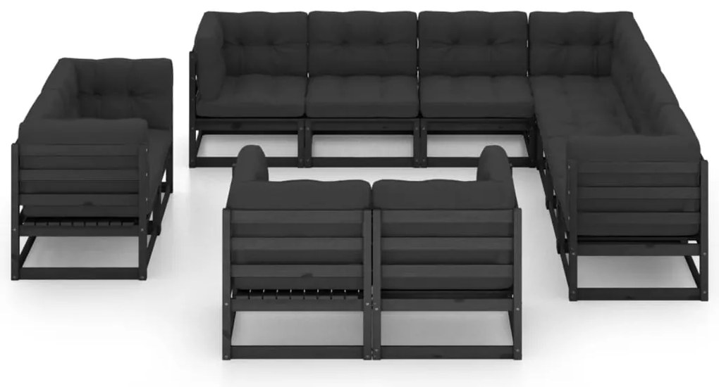 11pcs conj. longue de jardim c/ almofadões pinho maciço preto