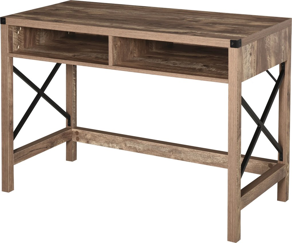 HOMCOM Secretária Design Industrial Tampo Grande 2 nichos Metal Preto Painéis Aglomerado Imitação Madeira Veios Castanho | Aosom Portugal