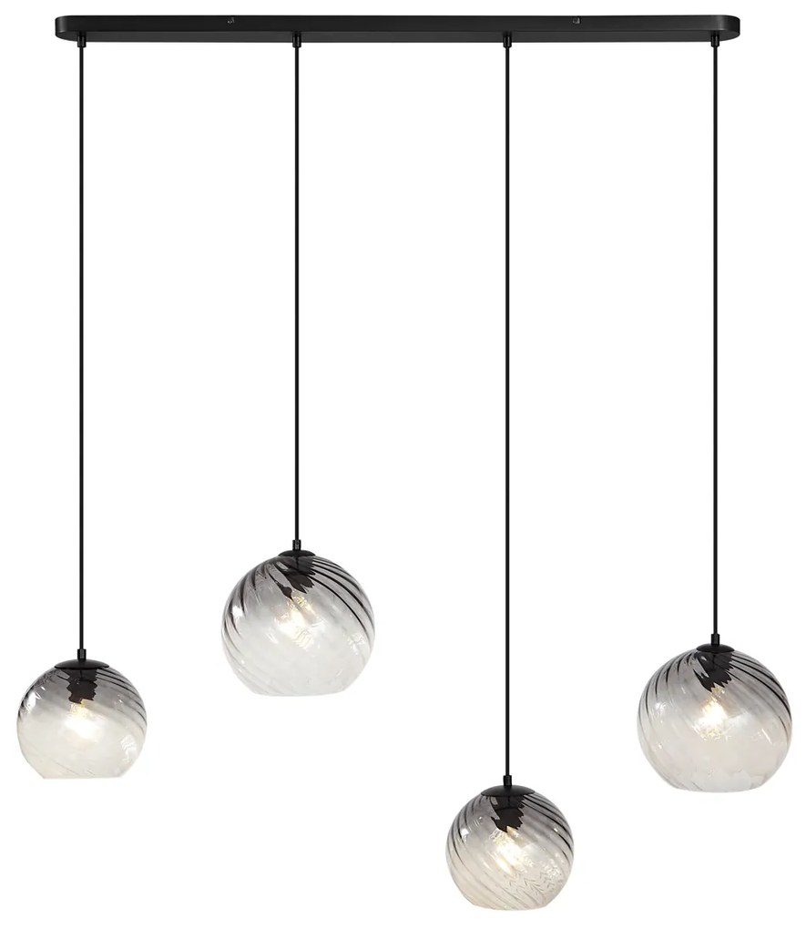 Candeeiro suspenso Art Deco preto com vidro fumado retangular 4 luzes - Bao Art Deco