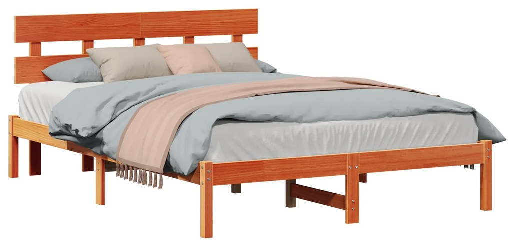Estrado de Cama com Cabeceira Castanho Encerado 160x200 cm Madeira Sól