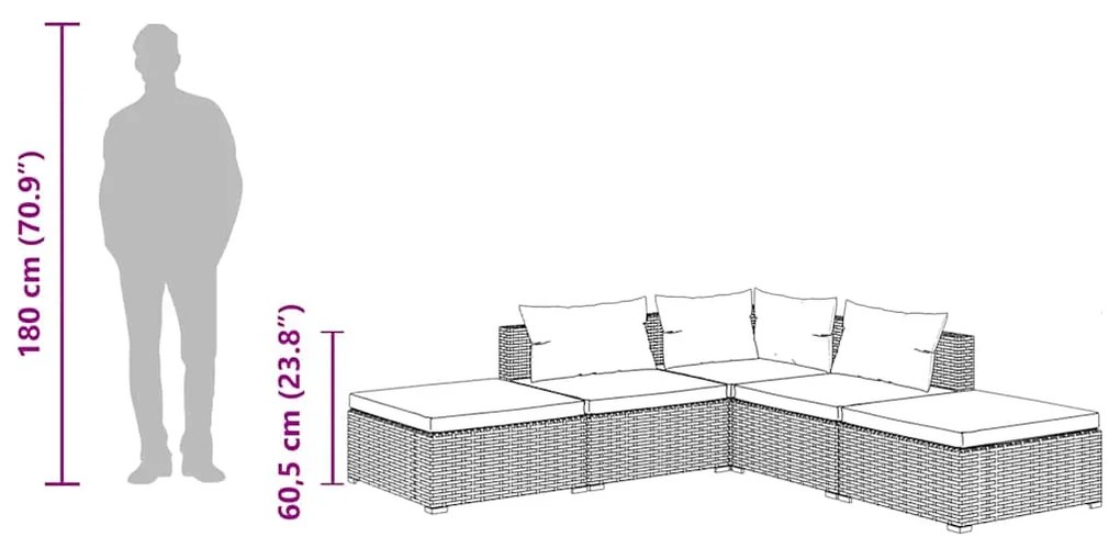 5 pcs conjunto lounge jardim c/ almofadões vime PE castanho