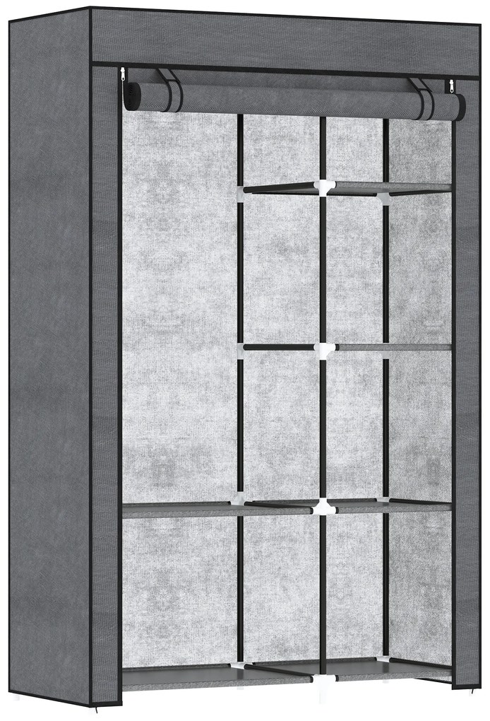 HOMCOM Roupeiro de Tecido Dobrável com 6 Prateleiras e 1 Barra de Pendurar para Dormitório Vestidor 103x43x162,5 cm Cinzento | Aosom Portugal