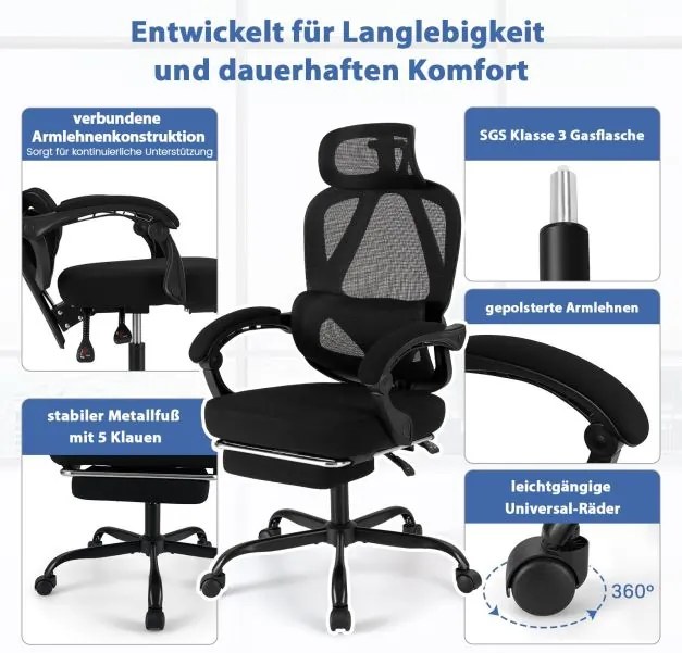 Cadeira de escritório ergonómica com apoio para os pés retrátil, cadeira de escritório com encosto ajustável Preta