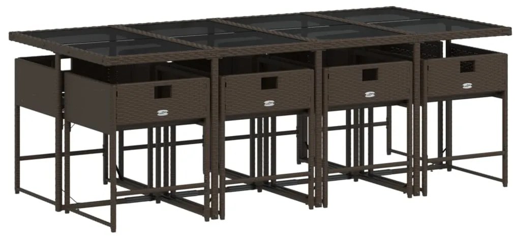 9 pcs conjunto jantar p/ jardim c/ almofadões vime PE castanho