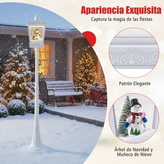 Candeeiro musical natal com 185 cm de altura com luzes LED brancas quentes Efeitos de neve Base recarregável Branco