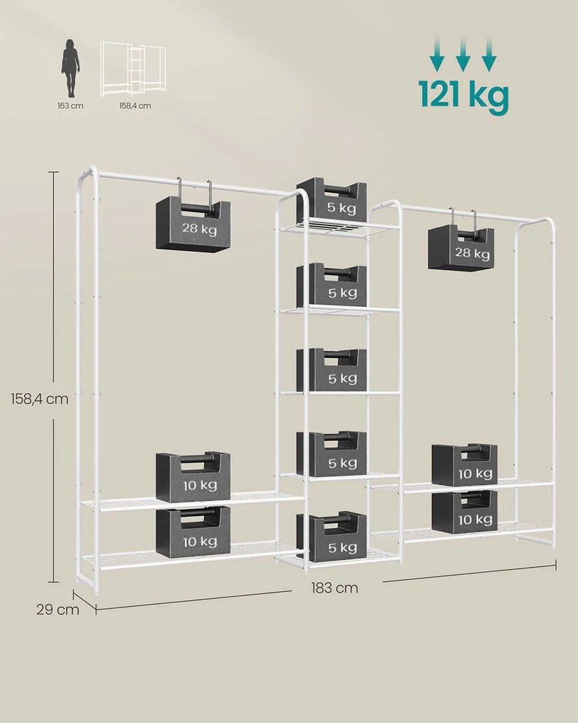 Guarda Roupa de metal 29 x 183 x 158,4 cm com prateleiras branco
