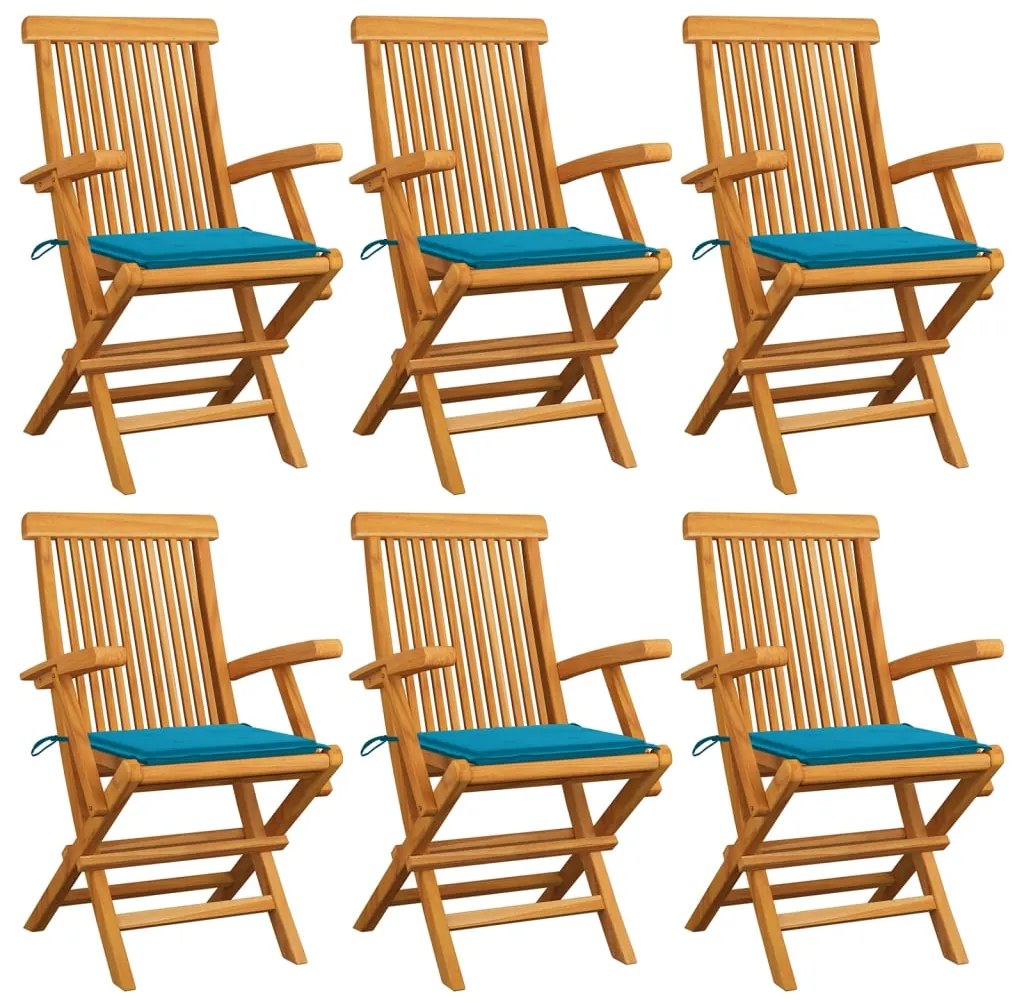 Cadeiras de jardim c/ almofadões azuis 6 pcs teca maciça