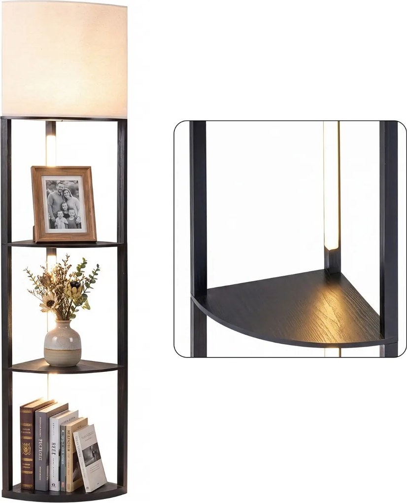 Candeeiro de pé moderno com prateleiras de 3 níveis Luzes LED reguláveis Abajur de linho Interruptor de pé para sala de estar ou quarto Preto