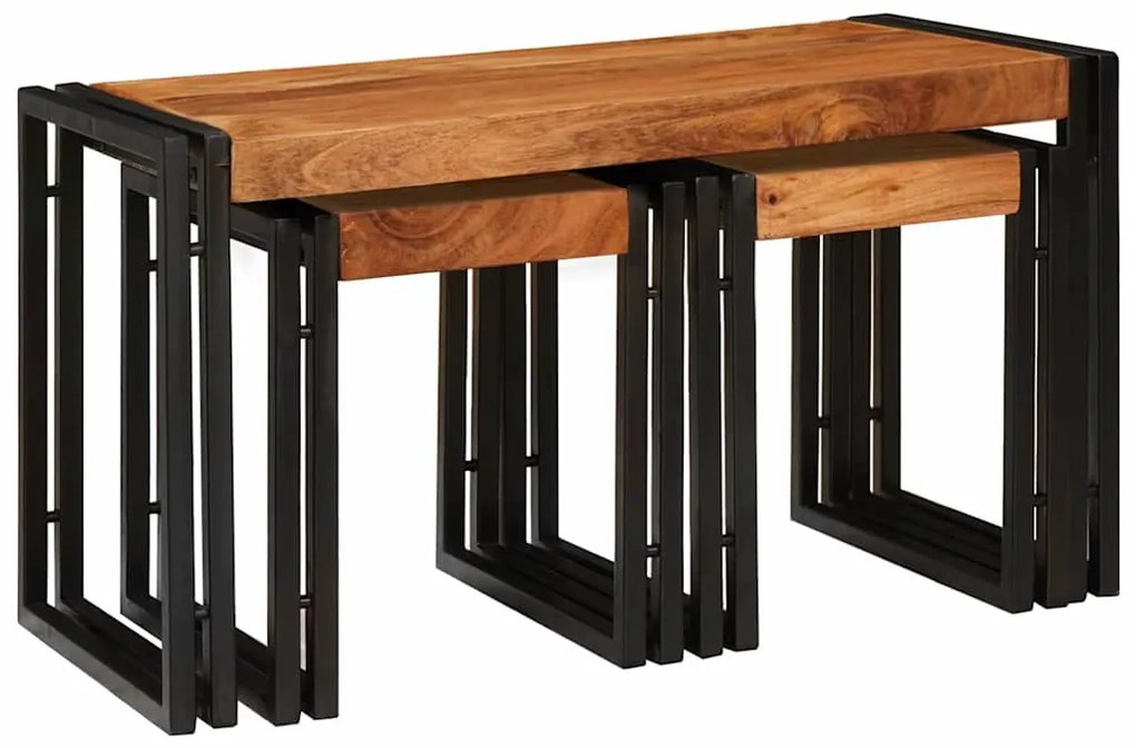 Mesas de canto 3 pcs Marrom e Preto Madeira de acácia maciça