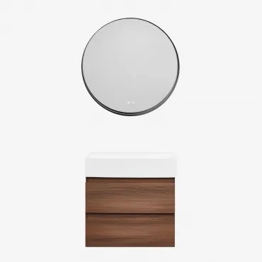 Conjunto De Móvel De Casa De Banho Suspenso Em Madeira E Folha De Freixo Com Lavatório Integrado Ona Madeira Escura & Redondo Led - Sklum