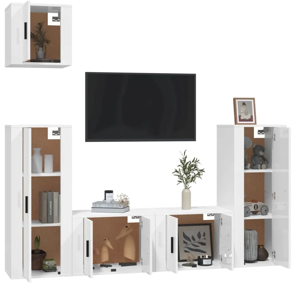 5 pcs conjunto móveis de TV madeira processada branco brilhante