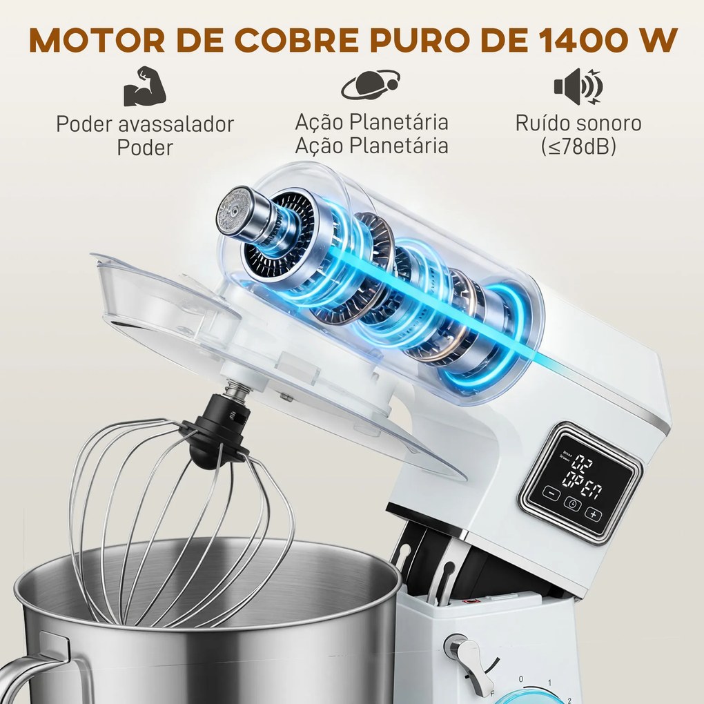 Batedeira Planetária 6L 1400W com Cabeçal Inclinável, 6 Velocidades, Função de Fermentação, Ecrã LED, Branco