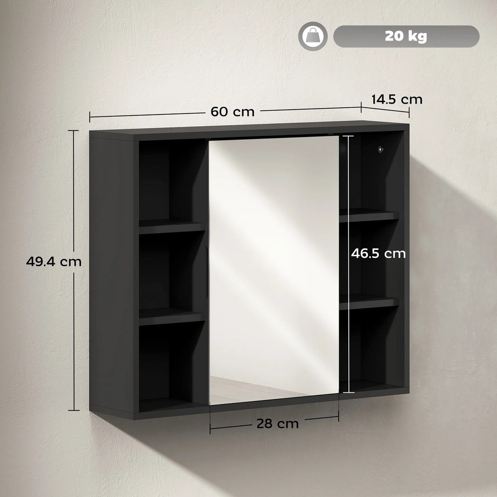 Móvel de casa de banho parede com espelho 60 x 14,5 x 49,4 cm, armário com portas e 6 compartimentos abertos, preto