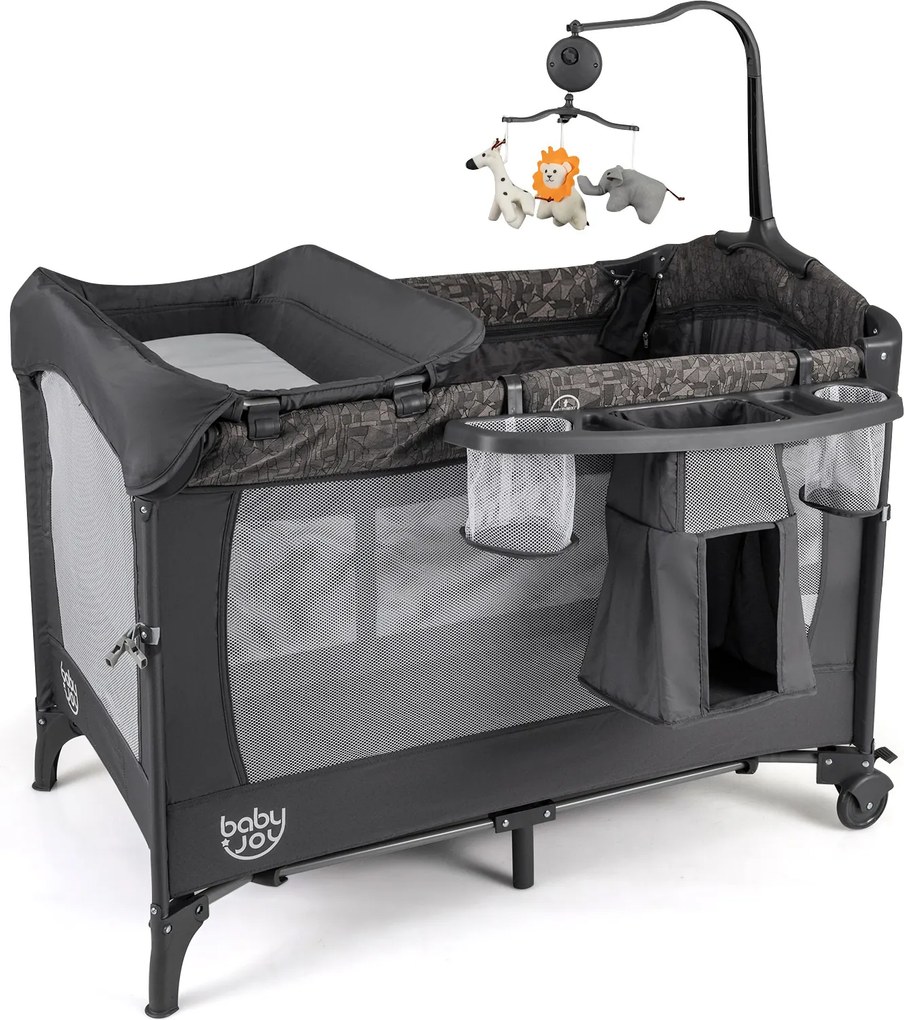 Berço Parque para Bebé 4 em 1, 110 x 68 x 55-75 cm, Dobrável, Cinzento
