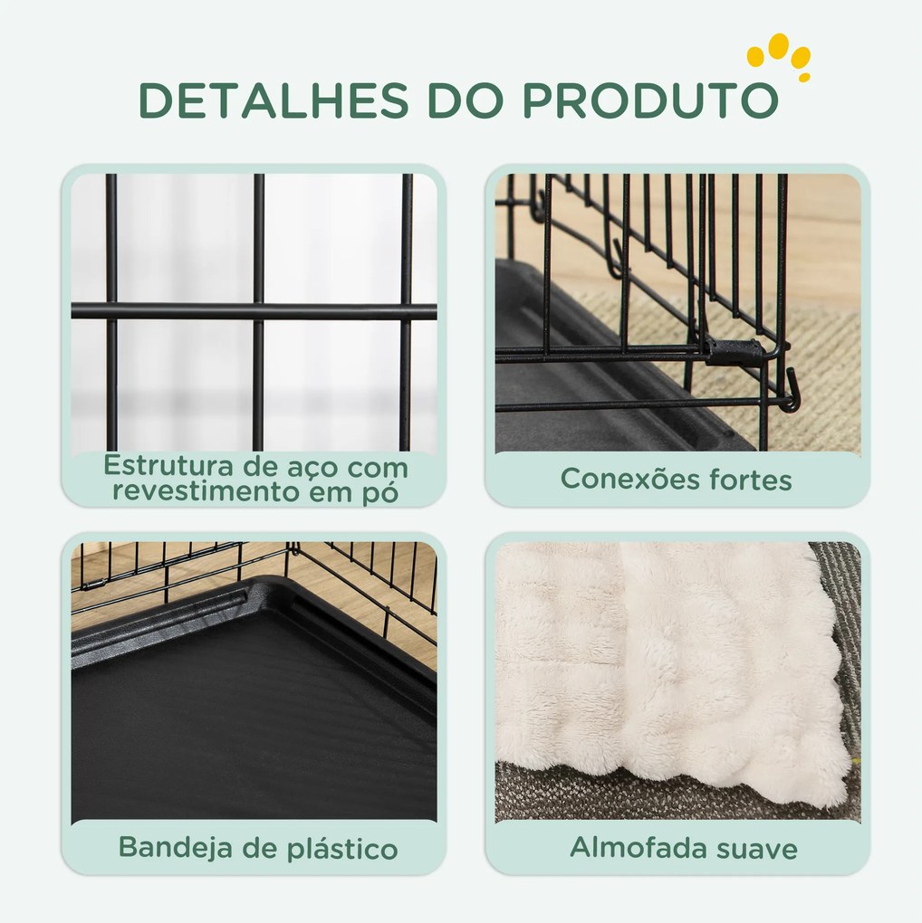 Gaiola Dobrável para Cães Pequenos com Almofada Portas Bandeja Removível e Estrutura Metálica 75x48,5x53 cm Preto e Bege