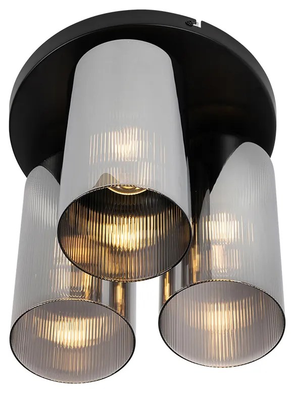 Candeeiro de tecto Art Deco preto com vidro fumê 3 luzes - Laura