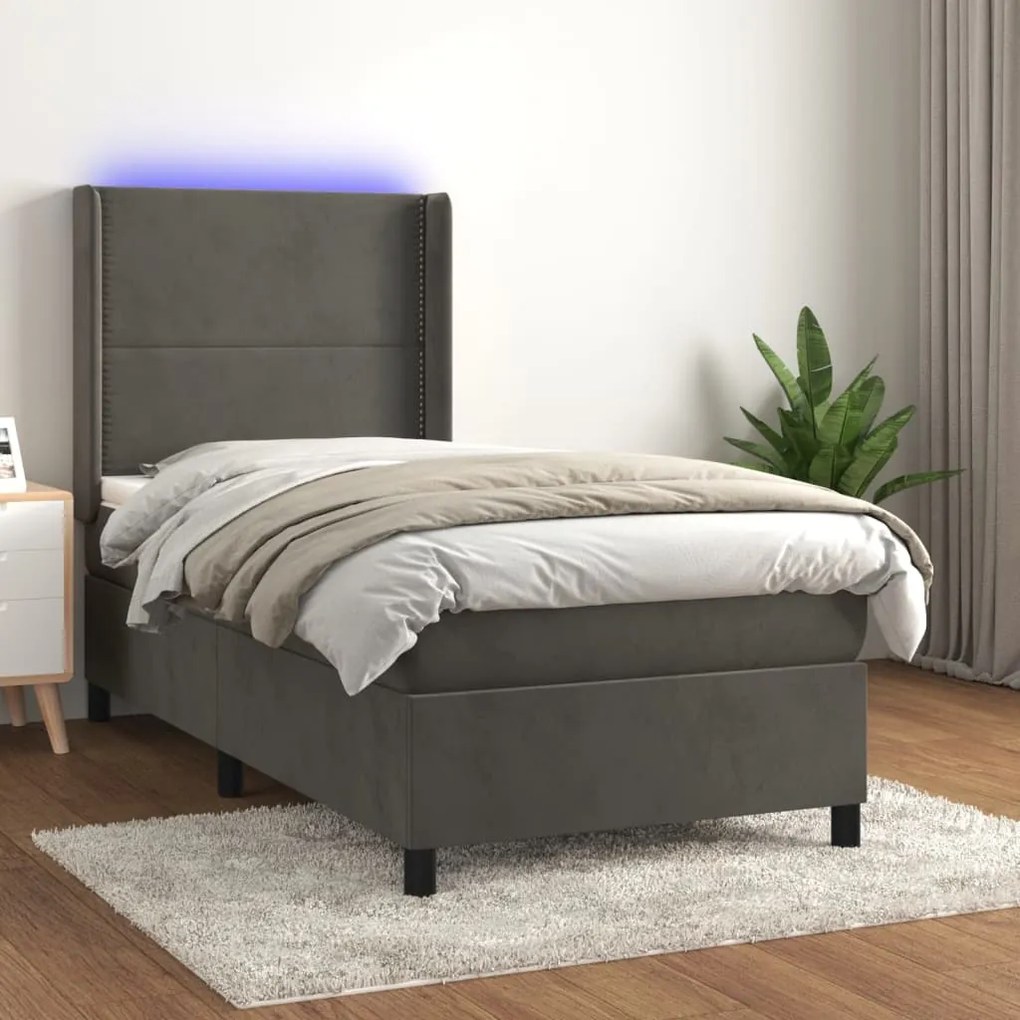 Cama box spring c/ colchão/LED 90x190 cm veludo cinzento-escuro