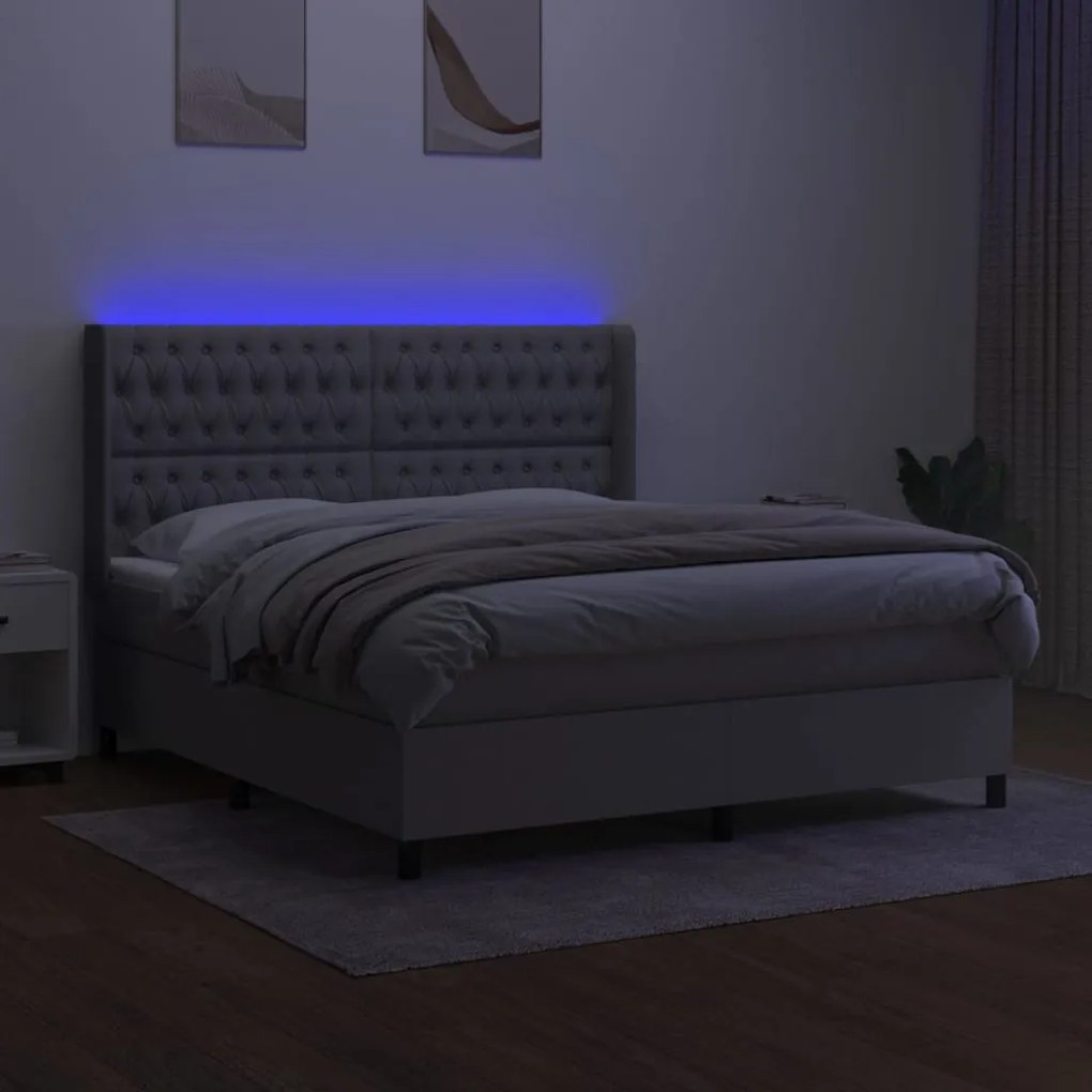 Cama box spring c/ colchão e LED 180x200 cm tecido cinza-claro