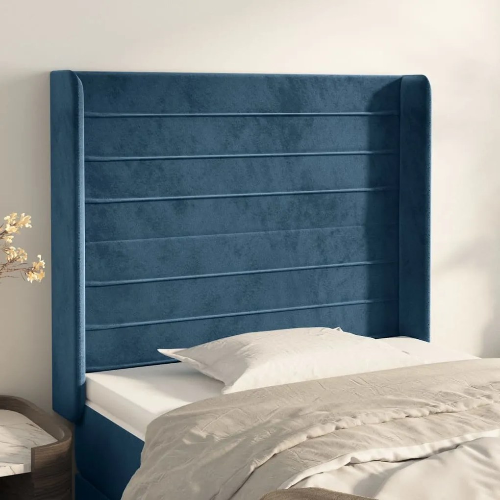 Cabeceira cama c/ abas veludo 83x16x118/128 cm azul-escuro