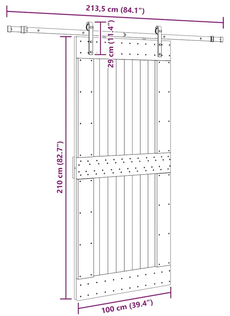 Porta de correr c/ ferragens 100x210 cm madeira de pinho maciça