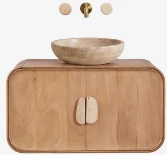 Conjunto De Móvel De Casa De Banho Suspenso 95x45 Cm Em Madeira De Manga E Pedra Natural Kivalina Travertino - Madeira De Mangueira & - Sklum
