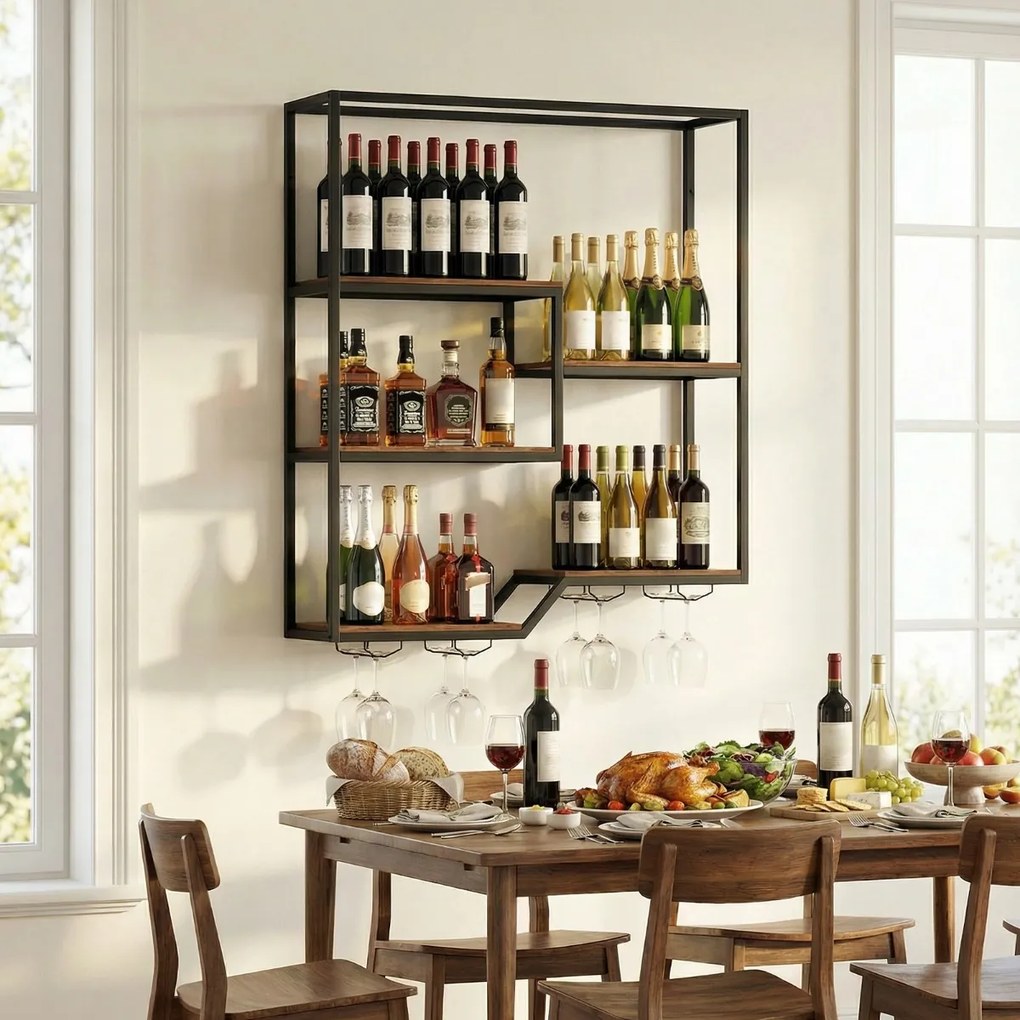 Garrafeira de parede para vinhos 102 x 30 x 112 cm com 6 prateleiras e suporte para copos Castanho rústico