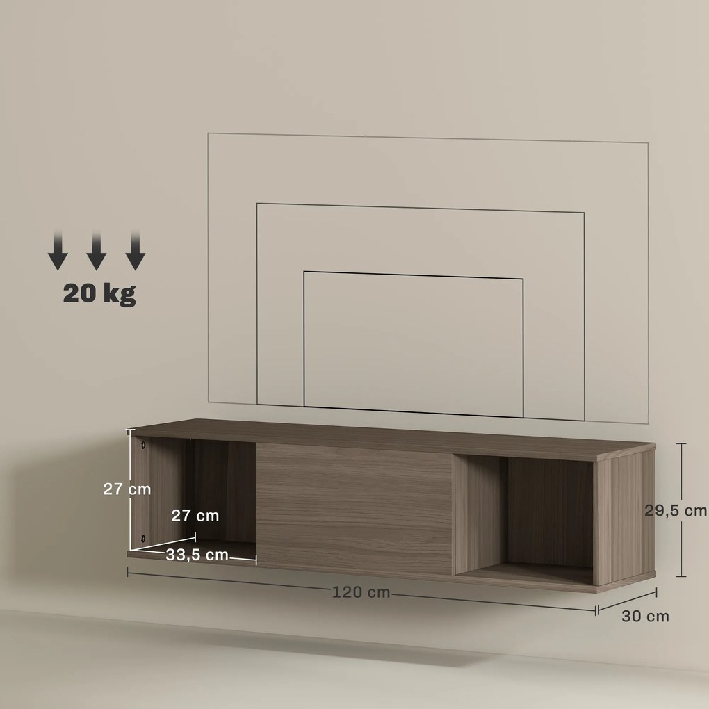 Armário de Parede Móvel para TV Suspenso com 2 Compartimentos Abertos e Porta Rebatível 120x30x29,5 cm castanho Escuro