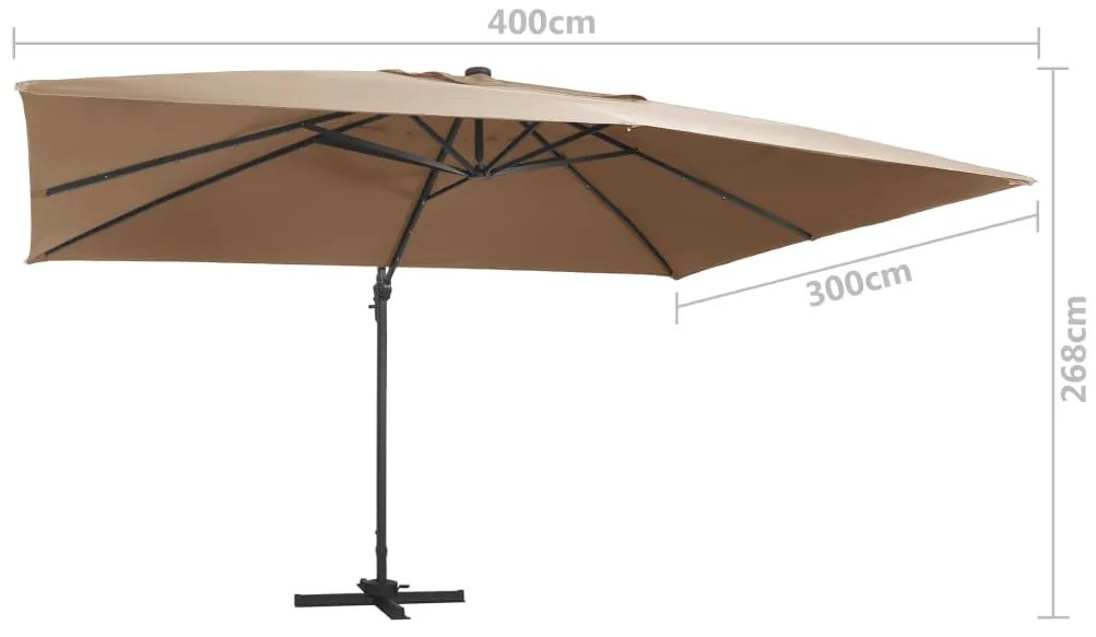 Guarda-sol cantilever luz LED/poste alumínio cinza-acastanhado