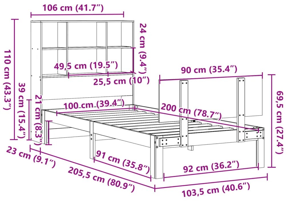 Cama com estante sem colchão 100x200 cm pinho maciço
