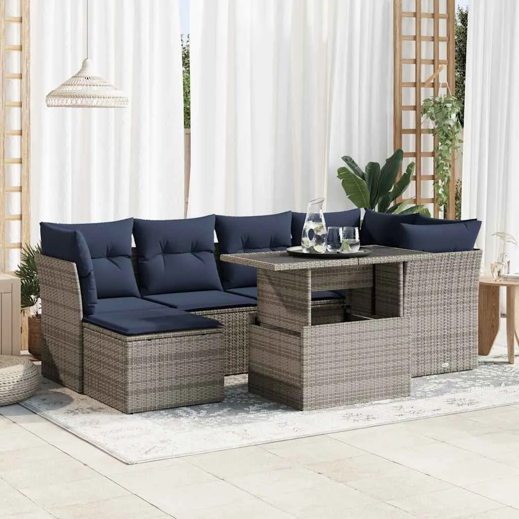 7 pcs conjunto sofás jardim almofadões vime PE/acácia cinzento