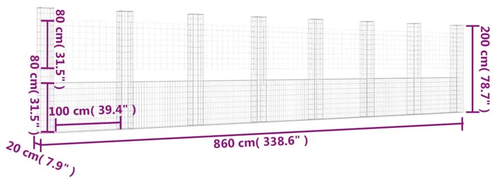 Cesto gabião em forma de U c/ 8 postes 860x20x200 cm ferro