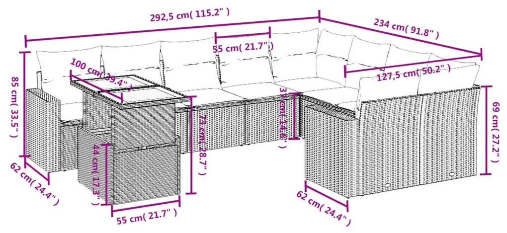 10 pcs conjunto de sofás p/ jardim com almofadões vime PE bege