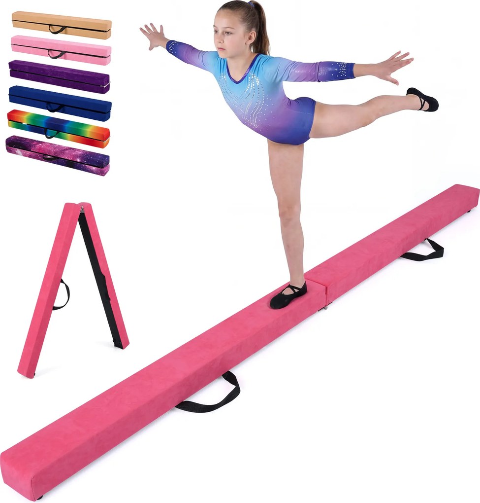 Barra de equilíbrio ginástica dobrável 210 x 10 x 7,5 cm, com base em espuma e madeira antiderrapante, portátil com pega, para uso doméstico, rosa esc