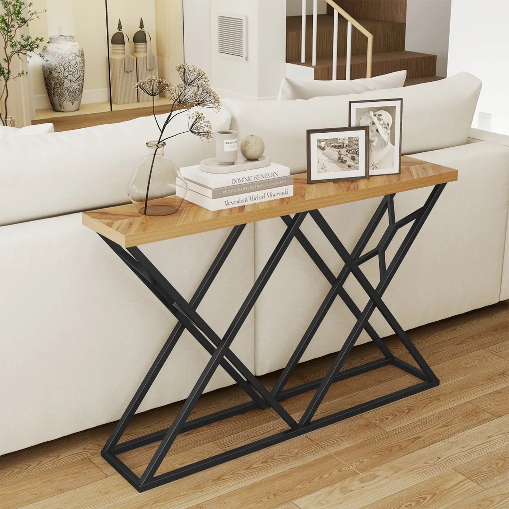 Mesa consola 140 x 29,5 x 90 cm em estilo rústico e industrial, com base metálica geométrica e tampo de madeira natural Natural e preta