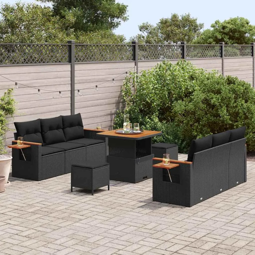 Conjunto de Sofá de Jardim de 9 Peças com Almofadas Vime Polipropileno