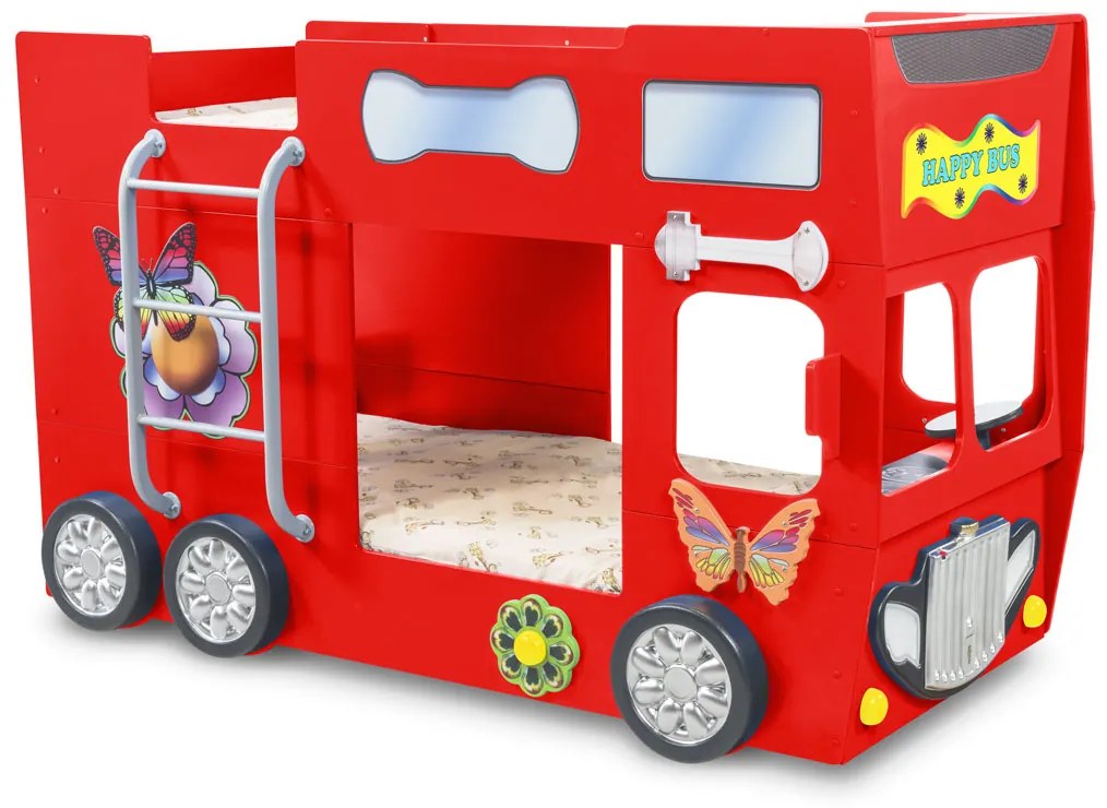 Cama para criança Beliche Autocarro 207 x 116 x 150 cm com Luzes LED 2 colchões e estrados incluídos, capacidade de 100 kg Vermelho