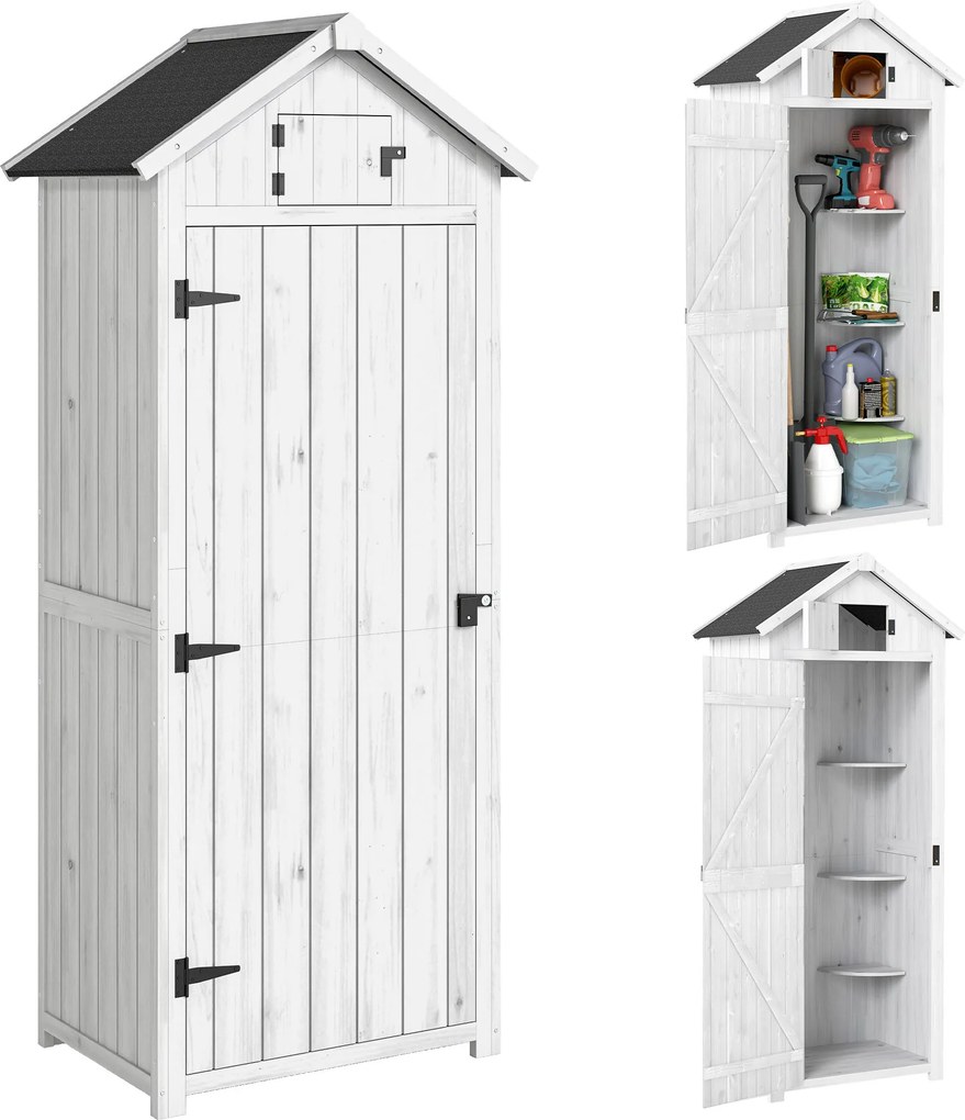 Outsunny Armário de Jardim Exterior em Madeira, Abrigo para Ferramentas, 3 Prateleiras, 2 Portas com Trincos, 77x54x179cm, Cinza Claro | Aosom Portugal