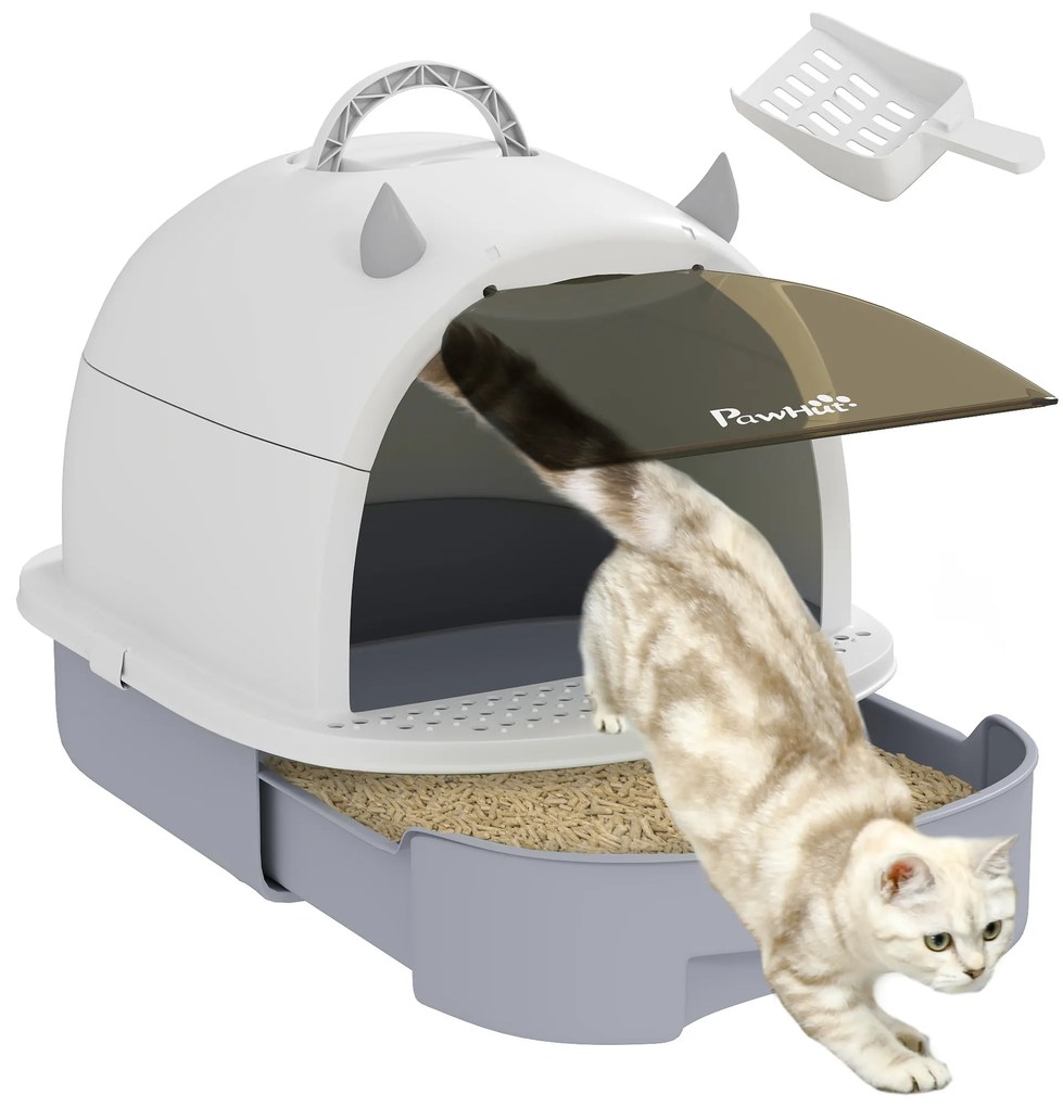 Caixa de Areia para Gatos Fechada com Tampa e Bandeja Amovíveis Filtro de Carvão e Pá 40,5x52x39 cm Branco e Cinza