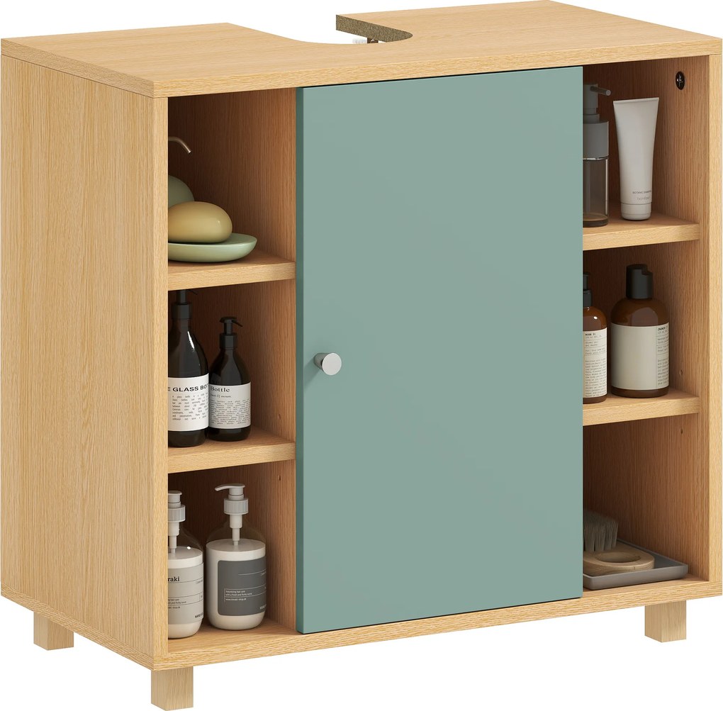 Móvel para lavatório, (NÃO INCLUIDO) móvel de casa de banho com 6 prateleiras abertas e porta com fecho amortecido, 60 x 33 x 57 cm, verde, natural