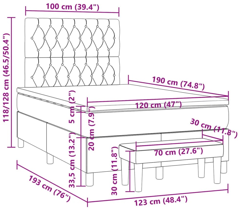 Cama boxspring c/ colchão 120x190cm tecido castanho-acinzentado