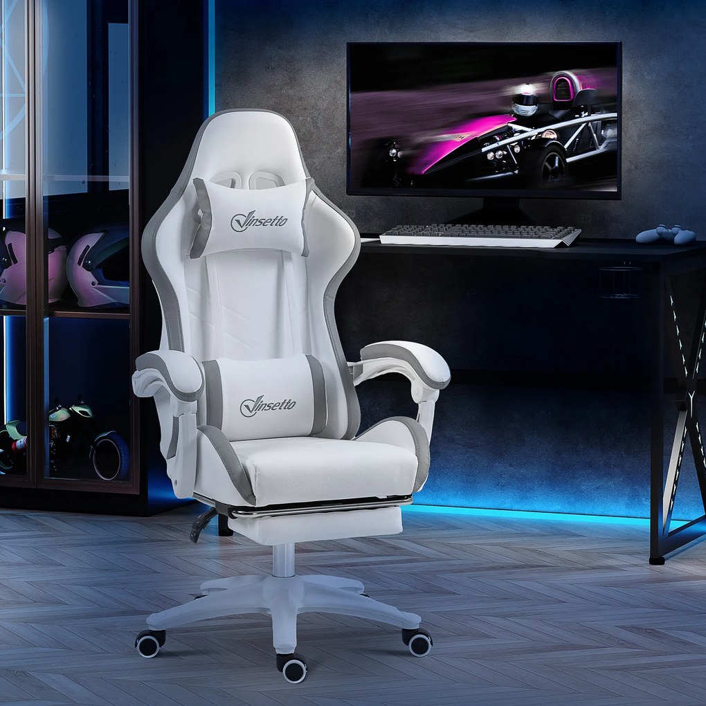 Cadeira de gaming ergonómica com encosto reclinável até 135° e apoio lombar, 65 x 65 x 121-129 cm, branca