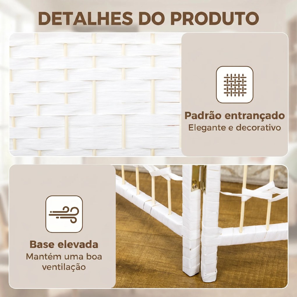 Biombo Separador de Ambientes de 6 Painéis Dobrável em Corda de Papel 160x170 cm Decoração para Quarto Branco