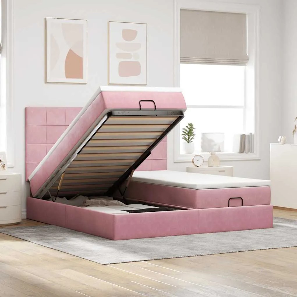 vidaXL Estrutura de cama otomana com colchões 160x200 cm veludo rosa